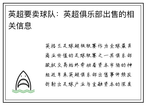 英超要卖球队：英超俱乐部出售的相关信息