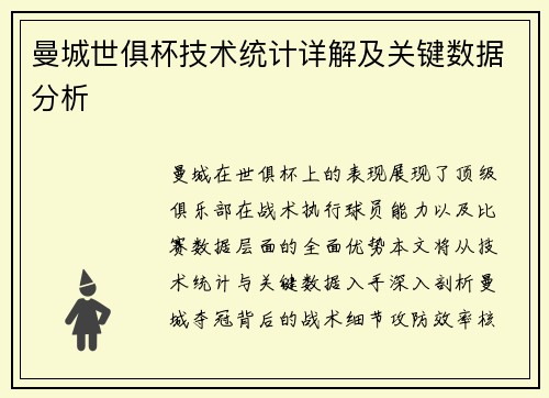 曼城世俱杯技术统计详解及关键数据分析