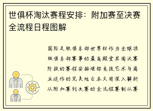 世俱杯淘汰赛程安排：附加赛至决赛全流程日程图解