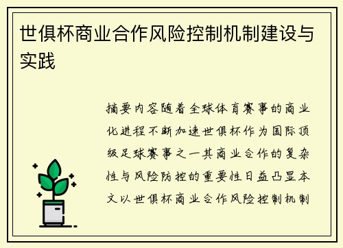 世俱杯商业合作风险控制机制建设与实践